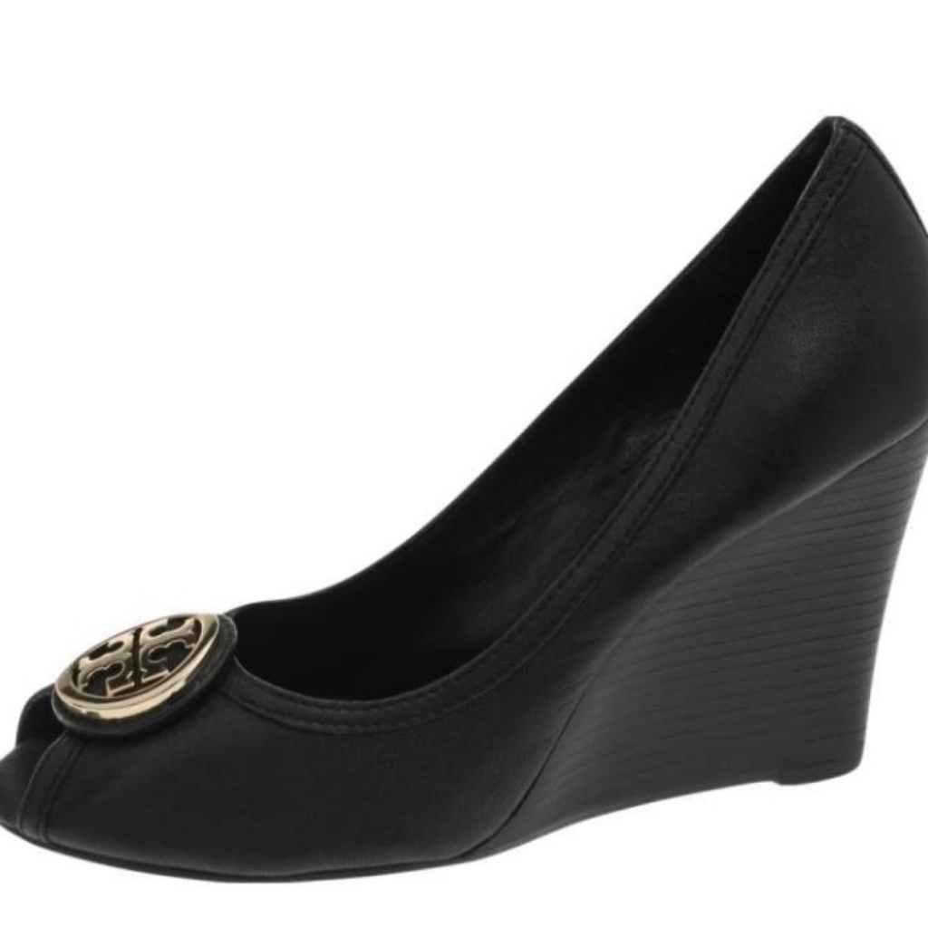 Tory Burch Sally Black Leather/Logo Pump/Wedge Shoes Size 7.5 For Women